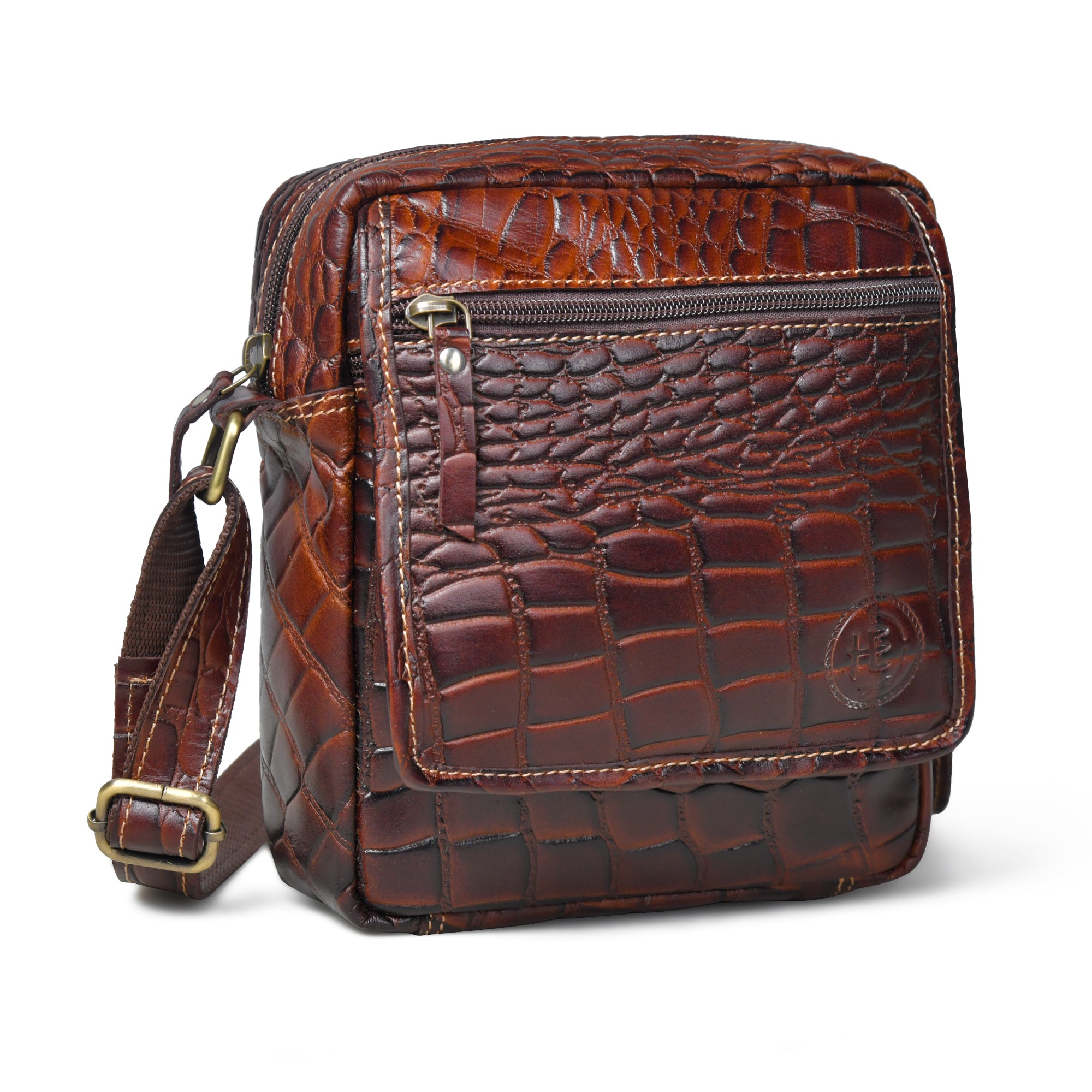 Croc-Embossed Vintage Leather Sling Bag